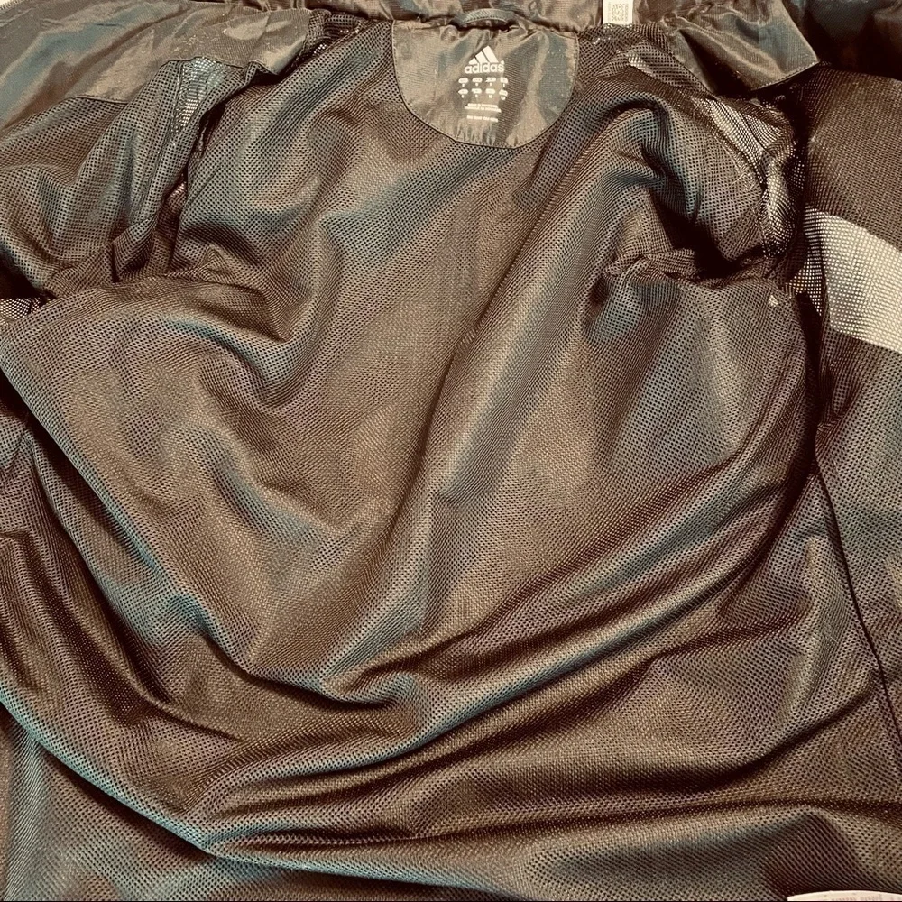 adidas Black and White 3 Stripes Windbreaker Track Jacket with Hidden Hood. S